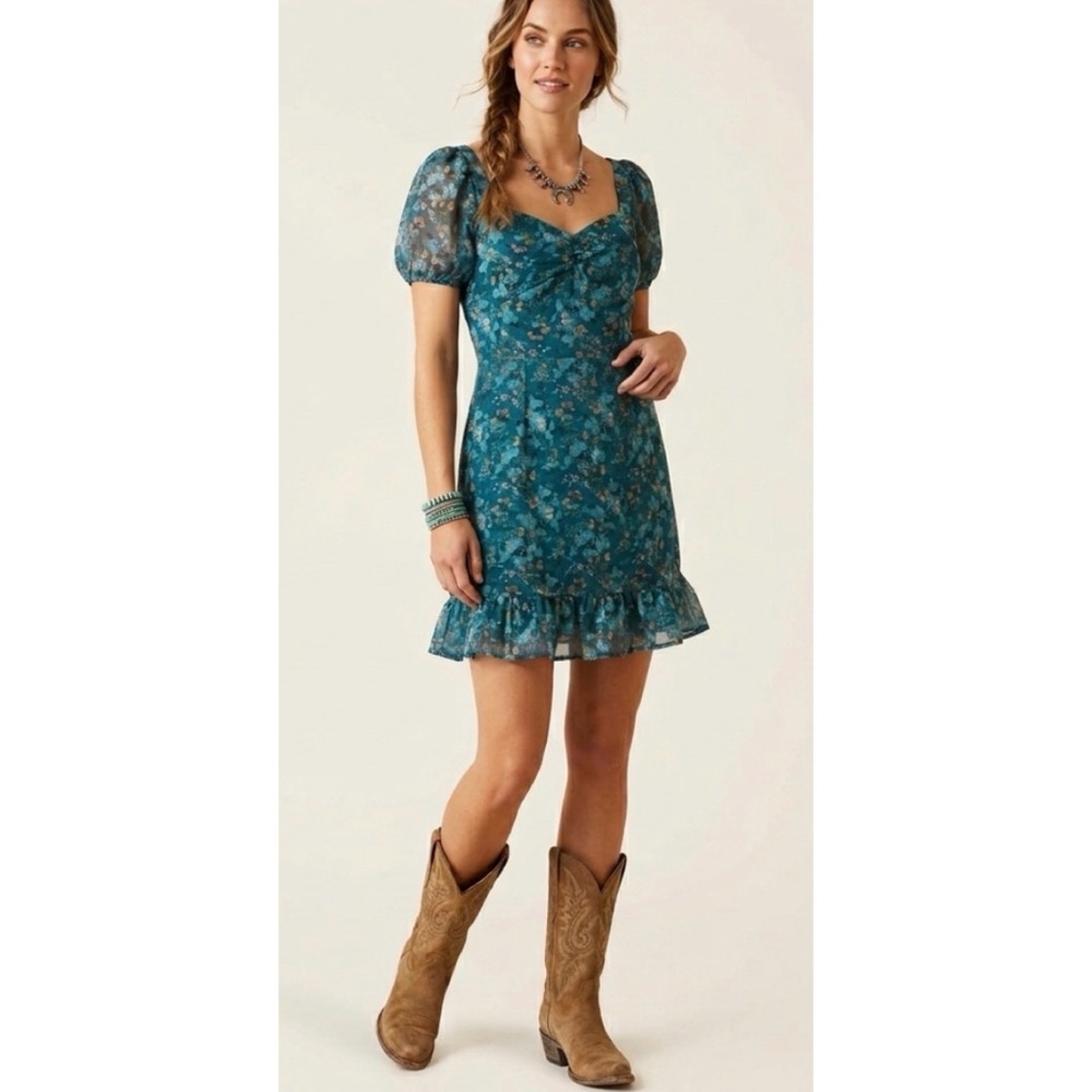 Sadie & Sage Teal Floral Short Puff Sleeve Dress Medium
